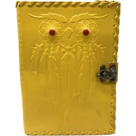 Yellow Leather Journal - Featuring an Owl with Red Eyes