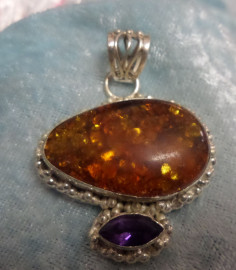 925 Sterling Amber & Amethyst Pendant